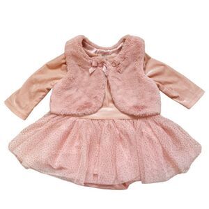 The Children’s Place | Tutu Velvet Dress with Faux Fur Vest, Size 0-3M